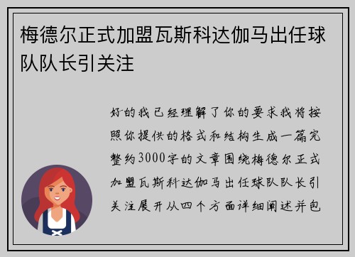 梅德尔正式加盟瓦斯科达伽马出任球队队长引关注