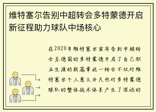 维特塞尔告别中超转会多特蒙德开启新征程助力球队中场核心